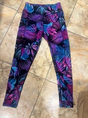 Tropical Print High-Waist Leggings - Purple & Blue